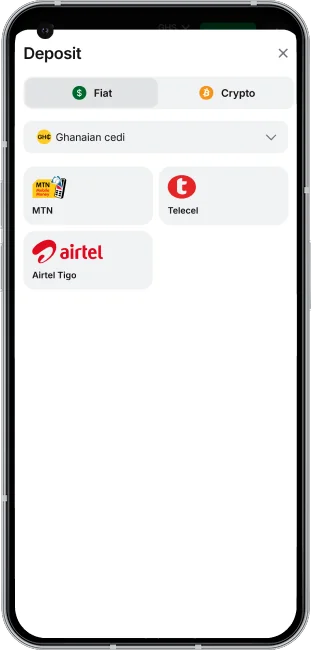 Screenshot of available deposit methods in the 1win App Ghana