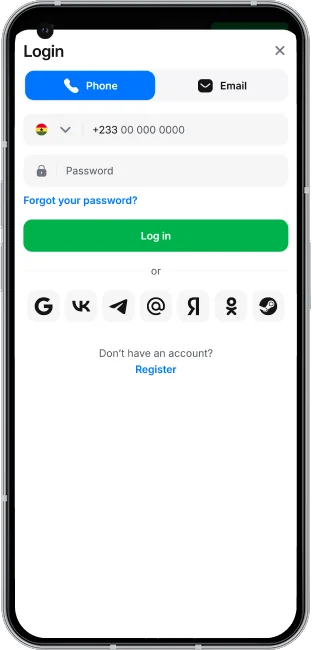 Screenshot of the 1win App Ghana Login Screen