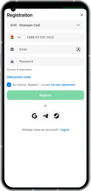 Screenshot of registration in the 1win App Ghana